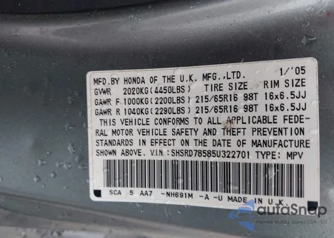 2005 Honda Cr-V Lx из США, поврежденный, VIN SHSRD78585U322701